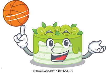 A mascot picture of kiwi cake cartoon character playing basketball