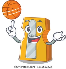 A mascot picture of pencil sharpener cartoon character playing basketball