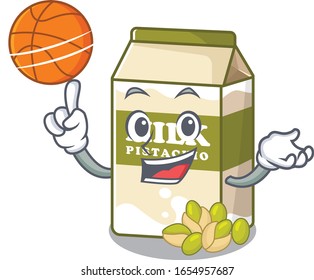 A mascot picture of pistachio milk cartoon character playing basketball