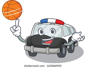 A mascot picture of police car cartoon character playing basketball