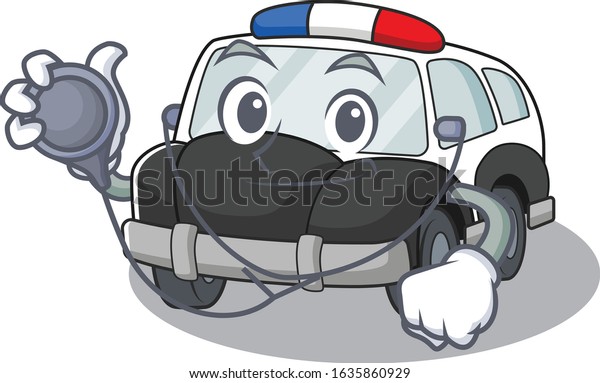 A mascot picture of police car cartoon as a Doctor\
with tools