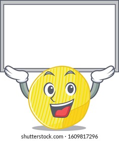 A mascot picture of potato chips raised up board