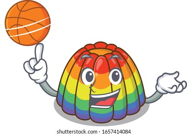 A mascot picture of rainbow jelly cartoon character playing basketball