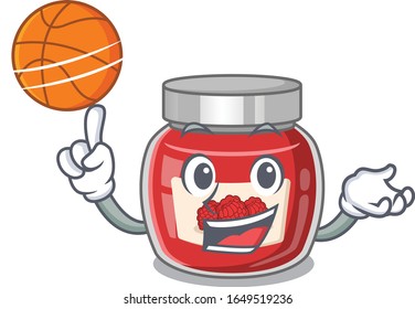 A mascot picture of raspberry jam cartoon character playing basketball