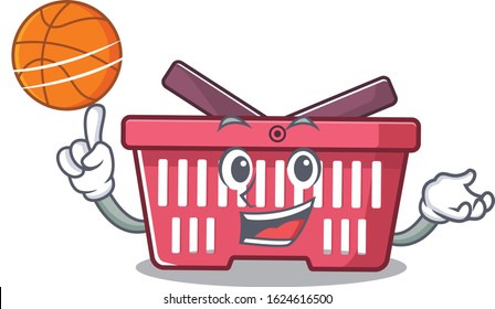 A mascot picture of shopping basket cartoon character playing basketball