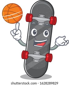 A mascot picture of skateboard cartoon character playing basketball