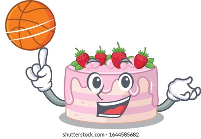 A mascot picture of strawberry cake cartoon character playing basketball