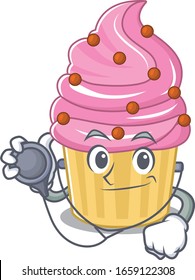 A mascot picture of strawberry cupcake cartoon as a Doctor with tools