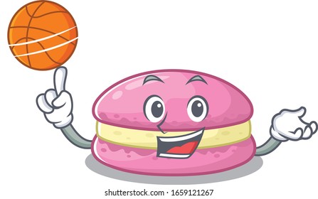 A mascot picture of strawberry macarons cartoon character playing basketball