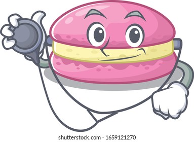 A mascot picture of strawberry macarons cartoon as a Doctor with tools