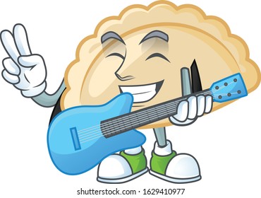 A mascot of pierogi performance with guitar