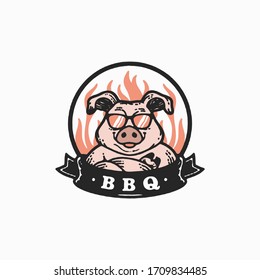 Mascot Of Pig For Bbq In Rustic Badge Logo - Vector 