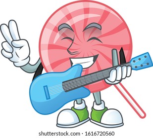 A mascot of pink round lollipop performance with guitar