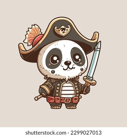 Mascot for a pirate themed panda, a fearsome looking panda, captain panda, with a flat cartoon design