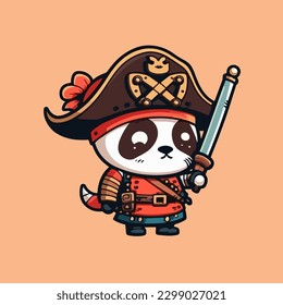 Mascot for a pirate themed panda, a fearsome looking panda, captain panda, with a flat cartoon design