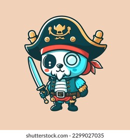 Mascot for a pirate themed panda, a fearsome looking panda, captain panda, with a flat cartoon design