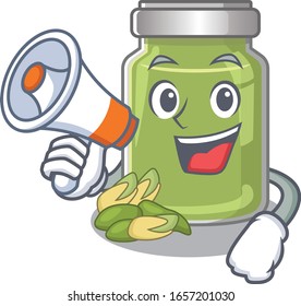 A mascot of pistachio butter speaking on a megaphone