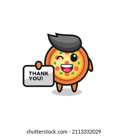 the mascot of the pizza holding a banner that says thank you , cute style design for t shirt, sticker, logo element