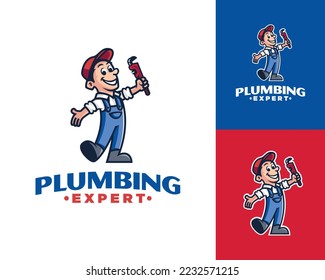 Mascot plumber logo. Cartoon illustration plumber logo. Vector plumbing logo design.