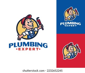 Mascot plumber logo. Plumber cartoon illustration. Plumbing logo.