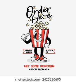 Mascot Popcorn, Sticker, Poster, Branding, Retro Vector, Vintage Style, Popcorn Vector