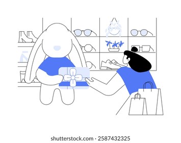 Mascot promotion isolated cartoon vector illustrations. Girl stands near a large teddy bear in a shopping mall, marketing strategy, mascot advertising, promotion agency service vector cartoon.