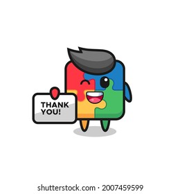 the mascot of the puzzle holding a banner that says thank you , cute style design for t shirt, sticker, logo element