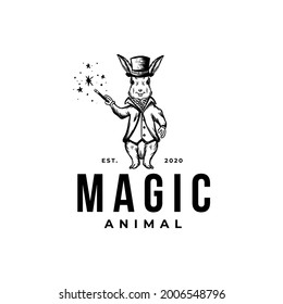 Mascot Rabbit With Hat And Stick Magic Standup Drawing Vintage Vector Illustration Template Icon Design