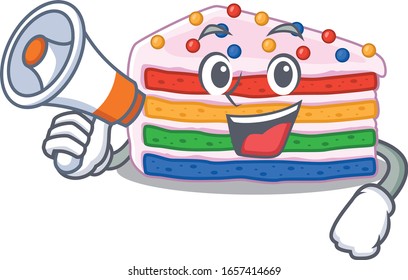 A mascot of rainbow cake speaking on a megaphone