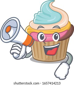A mascot of rainbow cupcake speaking on a megaphone