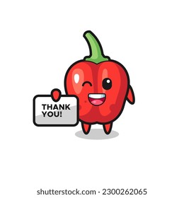 the mascot of the red bell pepper holding a banner that says thank you , cute style design for t shirt, sticker, logo element