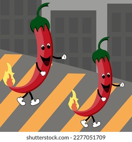 Mascot of red hot chili pepper with flame on urban landscape background.