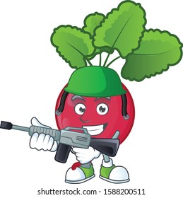 A mascot of red radish as an Army with machine gun