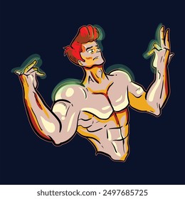 A mascot of a red-haired man with an ideal physique posing a bicep