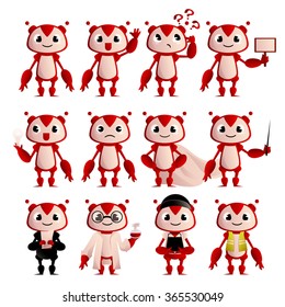 Mascot Robot Vector Set. Cartoon Funny Robot Character Set