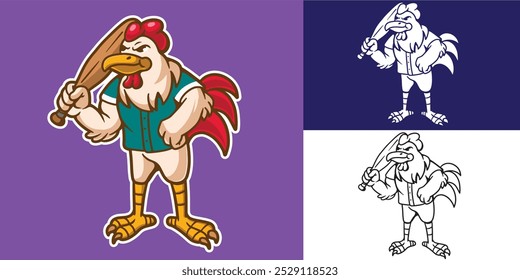 mascot rooster with baseball outfit good for mascot logo, mascot character, brand, sticker, element design, etc