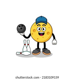 Mascot of round cheese as a bowling player , character design