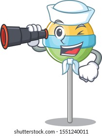 mascot round lollipop with sailor holding binocular character