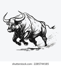 Mascot of running angry bull buffalo. black white line art vector illustration