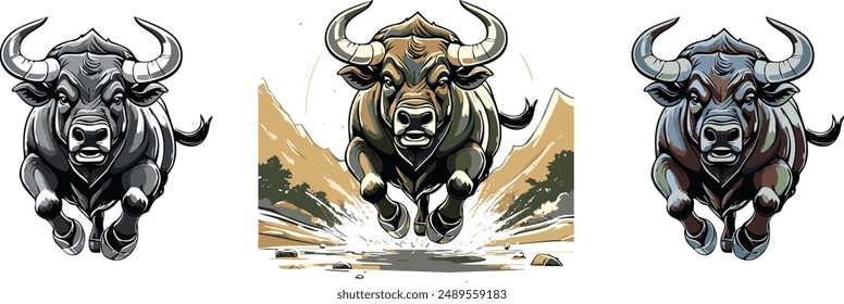 Mascot of running angry bull buffalo. line art vector illustration