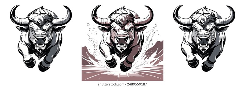 Mascot of running angry bull buffalo. line art vector illustration