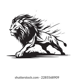 Mascot of running angry lion king. black white line art vector illustration