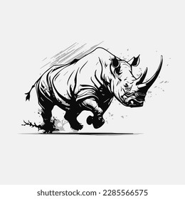 Mascot of running angry rhino. black white line art vector illustration