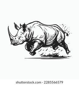 Mascot of running angry rhino. black white line art vector illustration