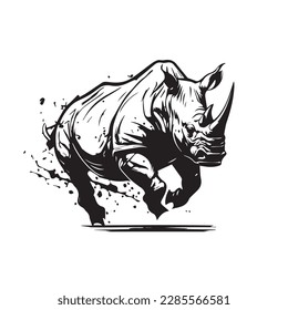 Mascot of running angry rhino. black white line art vector illustration