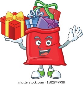 Mascot of santa bag full of gift character up a gift