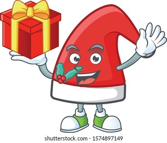 Mascot of santa claus hat character up a gift