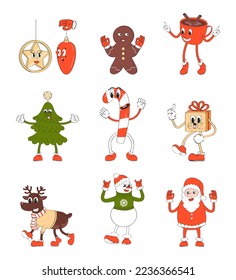 Mascot Santa, mascot deer, snowman retro vector. Deer, gingerbread, santa's stick, mug of coffee, cocoa with cinnamon in cartoon style. Holly jolly gift. New Year 30s, 40s, 50s greeting characters.