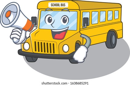 A mascot of school bus speaking on a megaphone