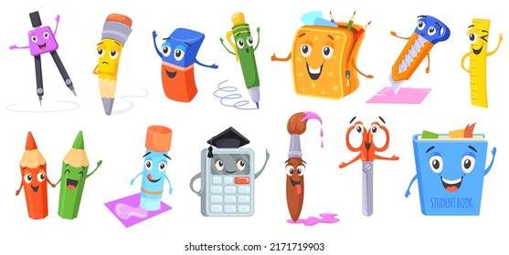 Mascot school supplies. Funny cartoon stationery characters, emoticon stuffs cute comic objects kids face eraser book calculator pencil backpack, vector illustration. Stationery pencil and supply